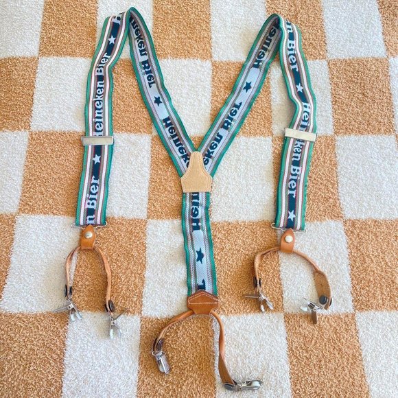 HORECA BRETELS GREEN AND LEATHER HEINKEKEN BIER SUSPENDERS - Picture 1 of 5